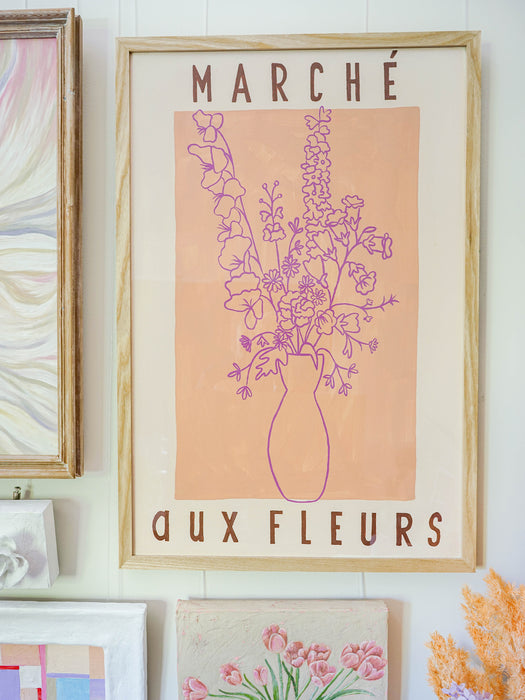 Flower Market Art Poster - Peach Pink and Magenta Minimal Line Art