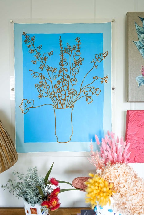 Flores - Blue and Sienna Floral Line Artwork Framed
