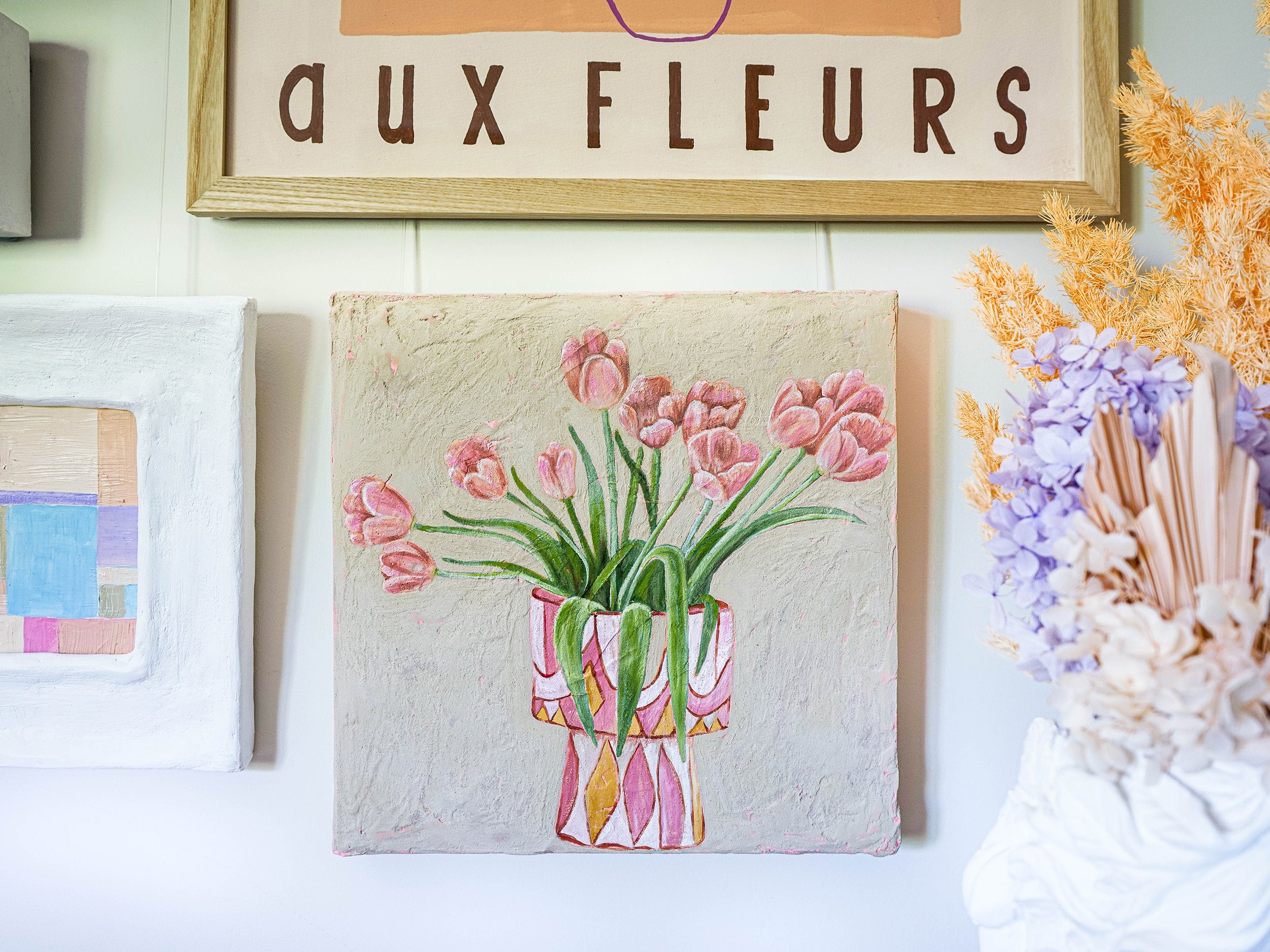 Earth Darlings Planter - Pink Tulips - Textured Artwork