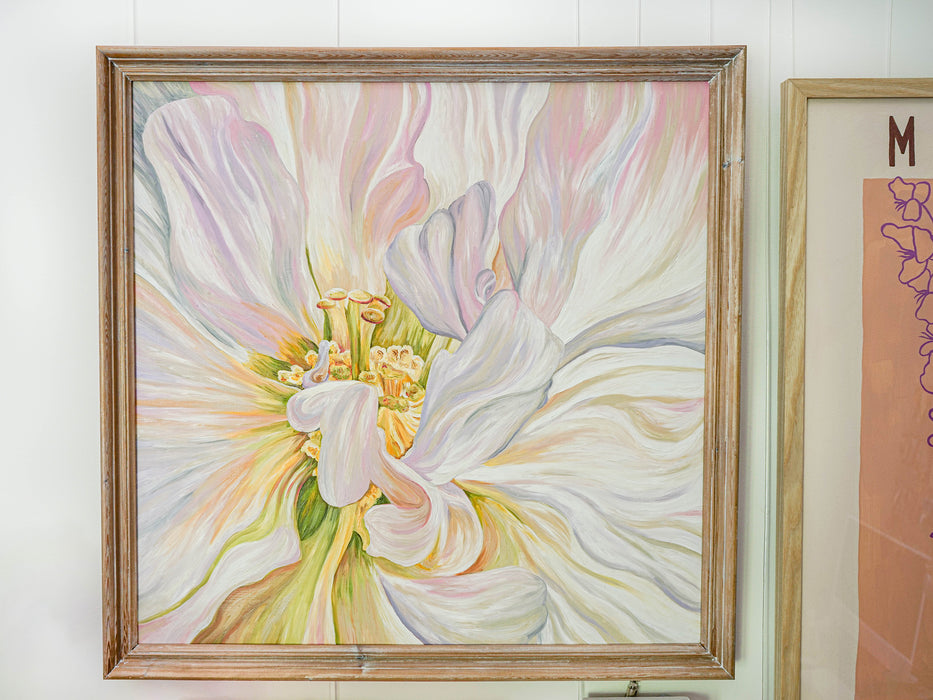 Pastel Pink Lilac and Peach Macro Floral Artwork - Oil on Board - Oak Frame