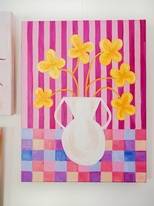 Canola in Vase - Gingham Check Stripe Pattern Painting
