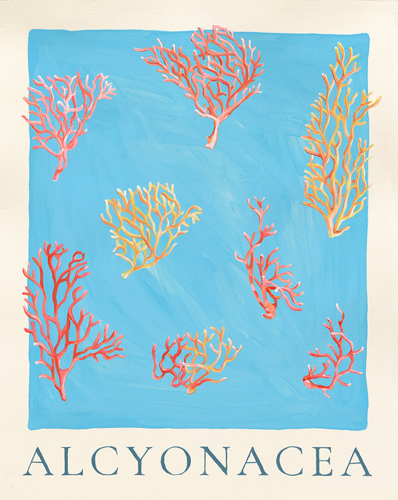 Alcyonacea Coral Art Poster - Neon Coral on Sky Blue Background