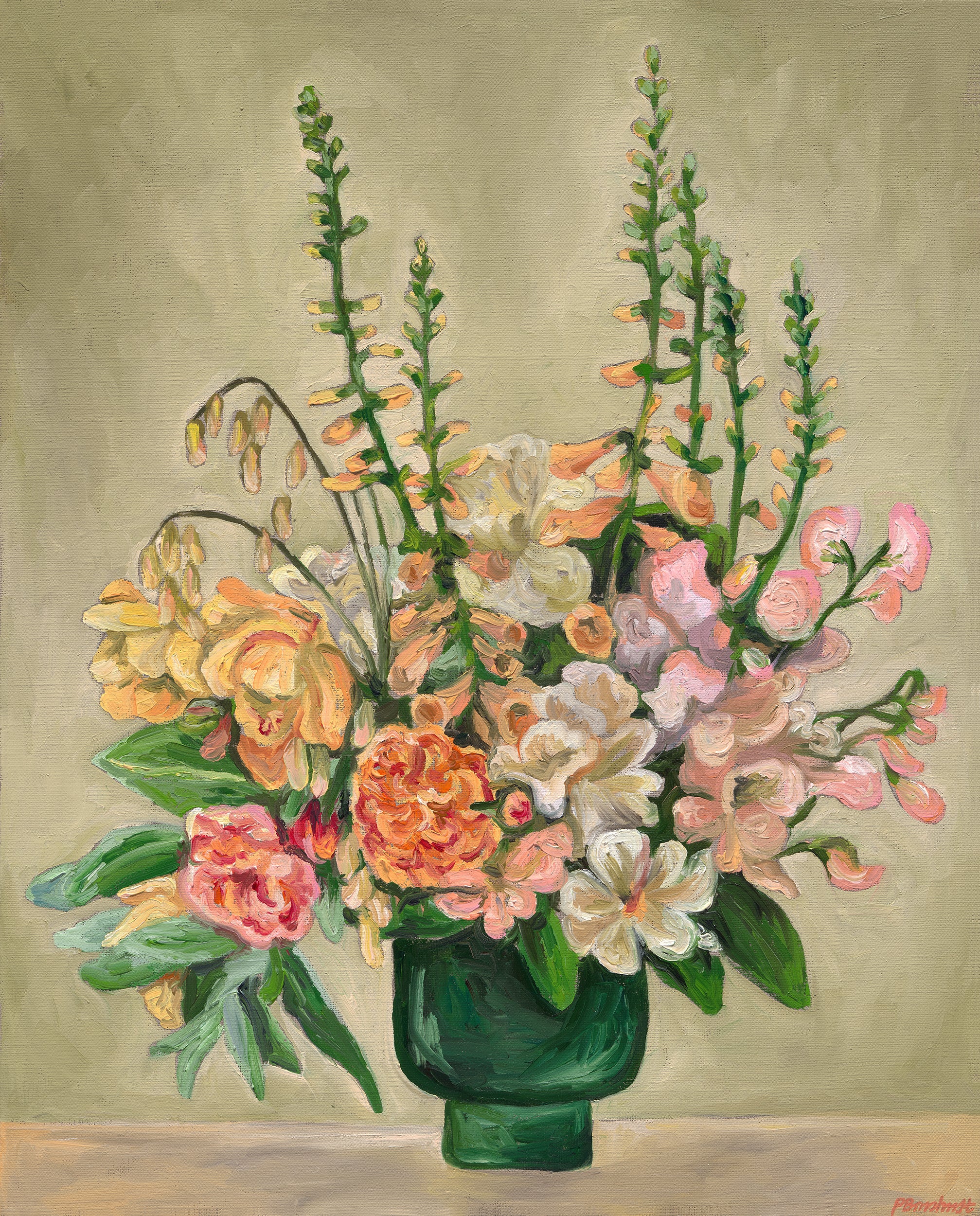 Snap Dragon Rose and Sweet Pea Bouquet - Soft Apricot Pink and Green