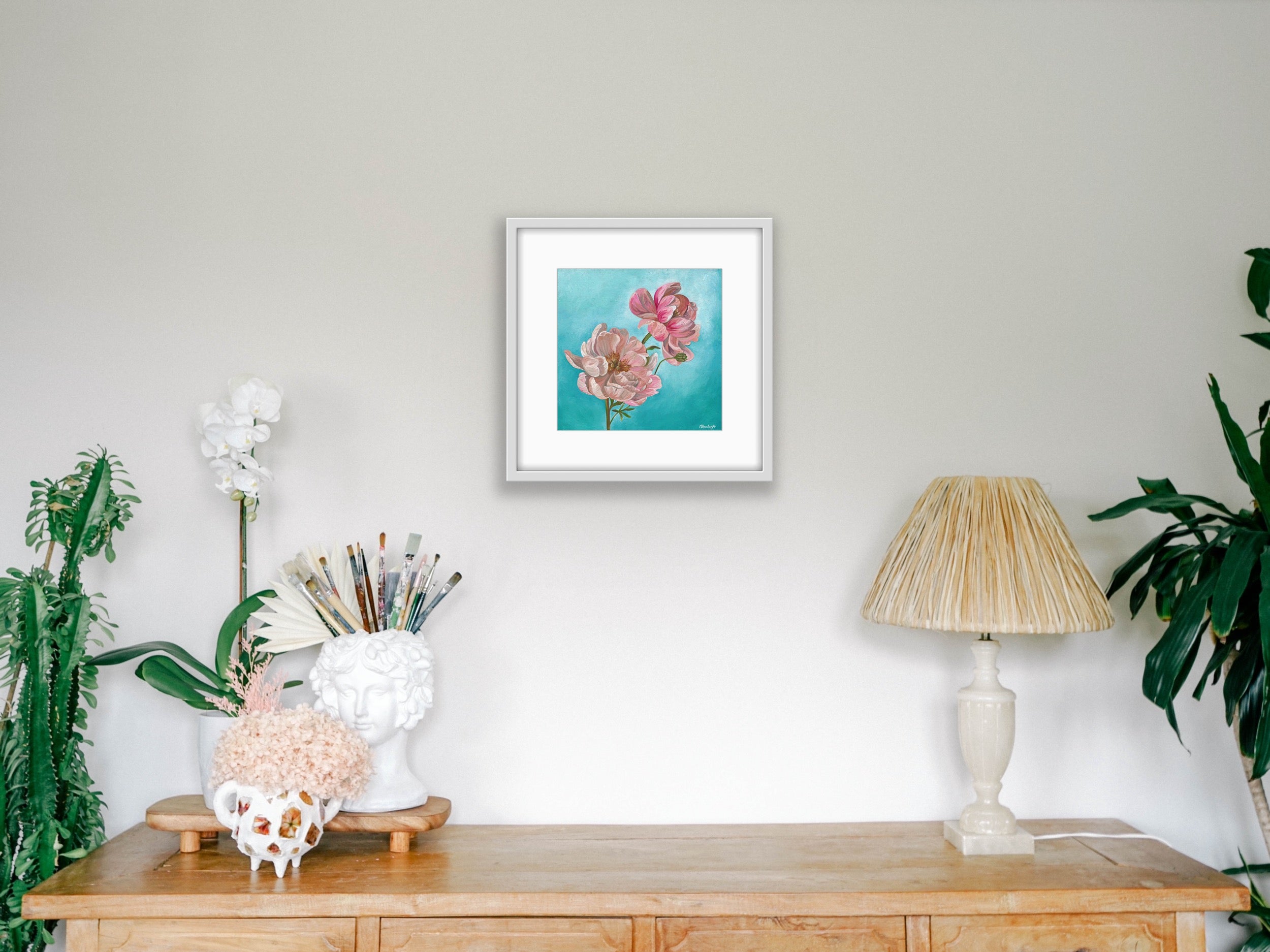Fine Art Print - Pink Peonies On Blue - Hemp Small