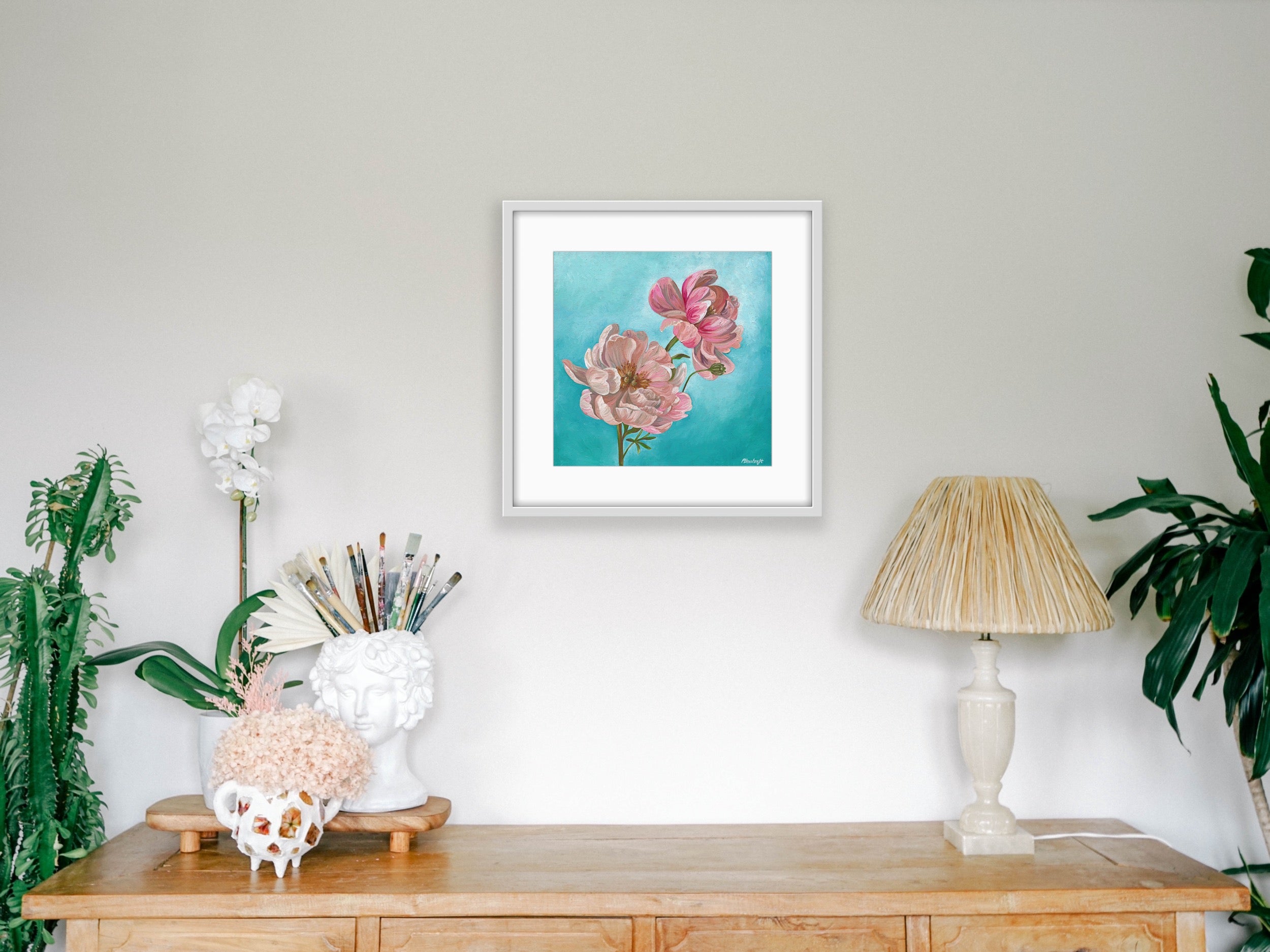 Fine Art Print - Pink Peonies On Blue - Hemp Medium