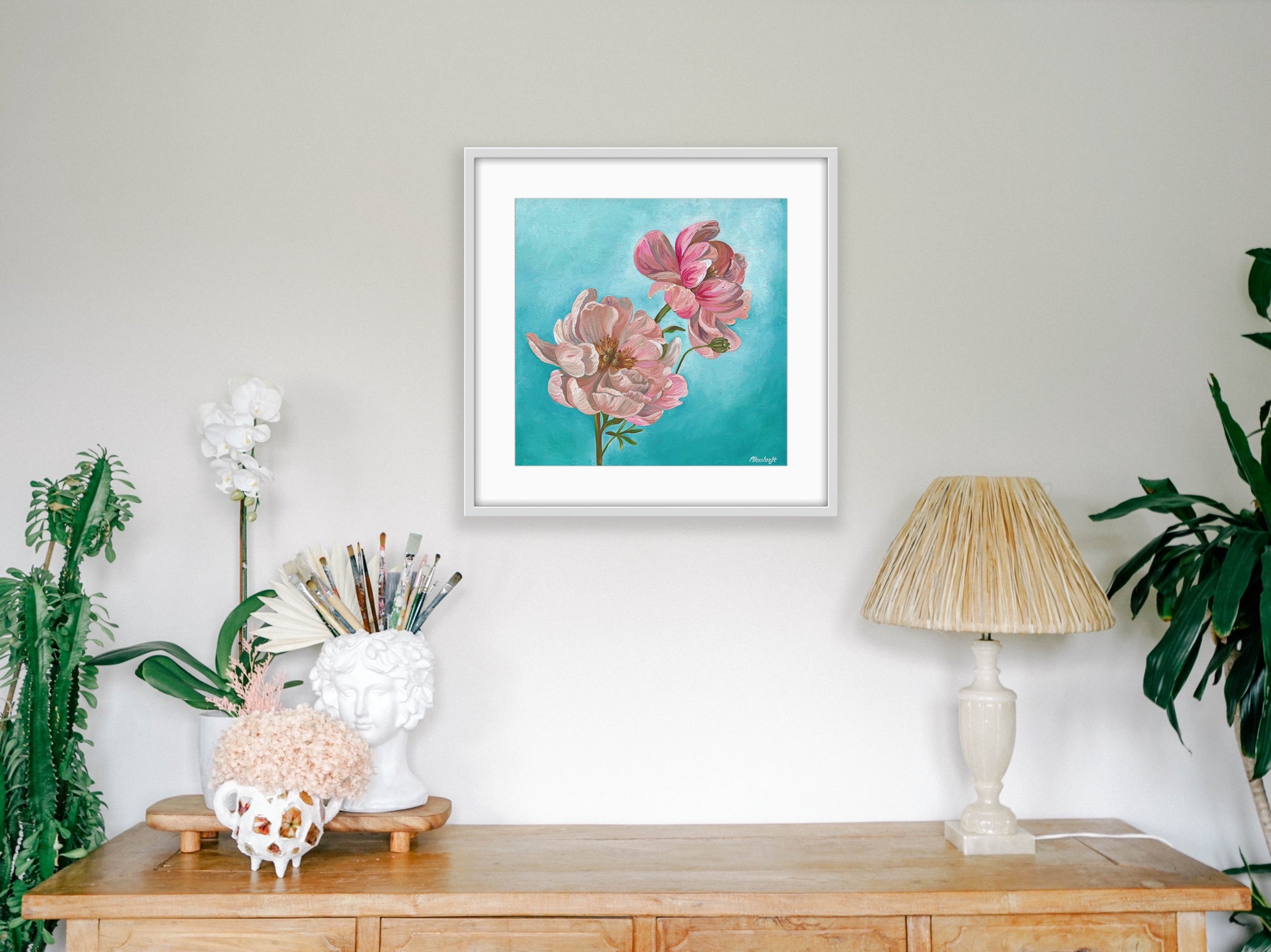 Art Print - Peonies On Blue - Hemp Large