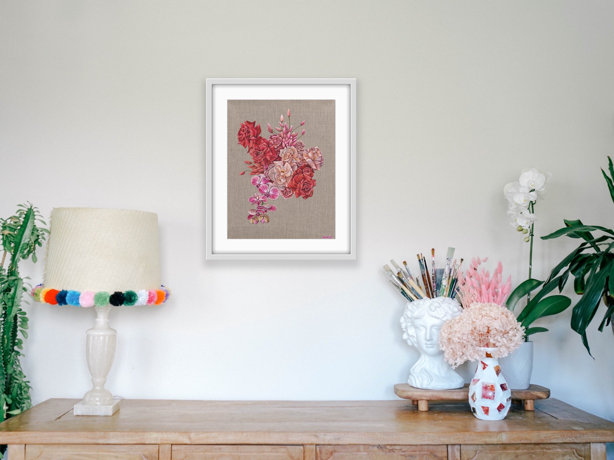 Orchid And Rose Bouquet Print - Hemp Small