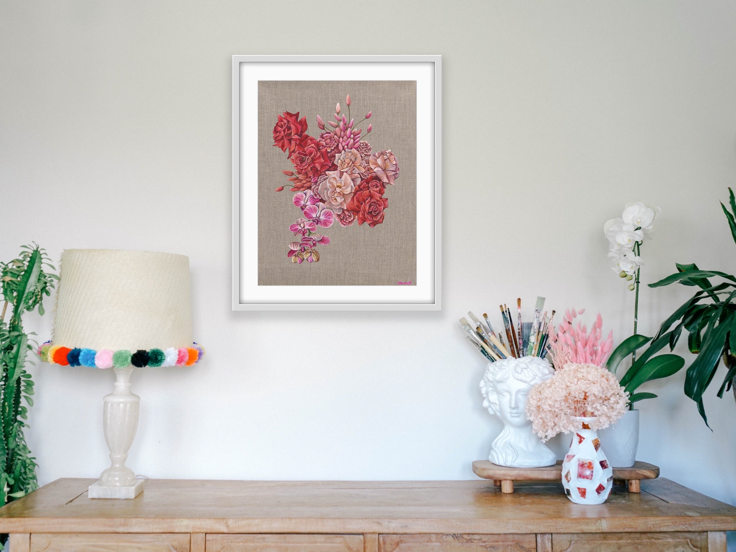 Orchid And Rose Bouquet Print - Hemp Medium