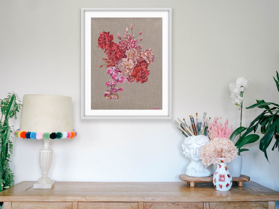 Orchid And Rose Bouquet Print - Hemp Large