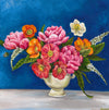Pink Poppy & Peony Posy in Vase - Blue Background