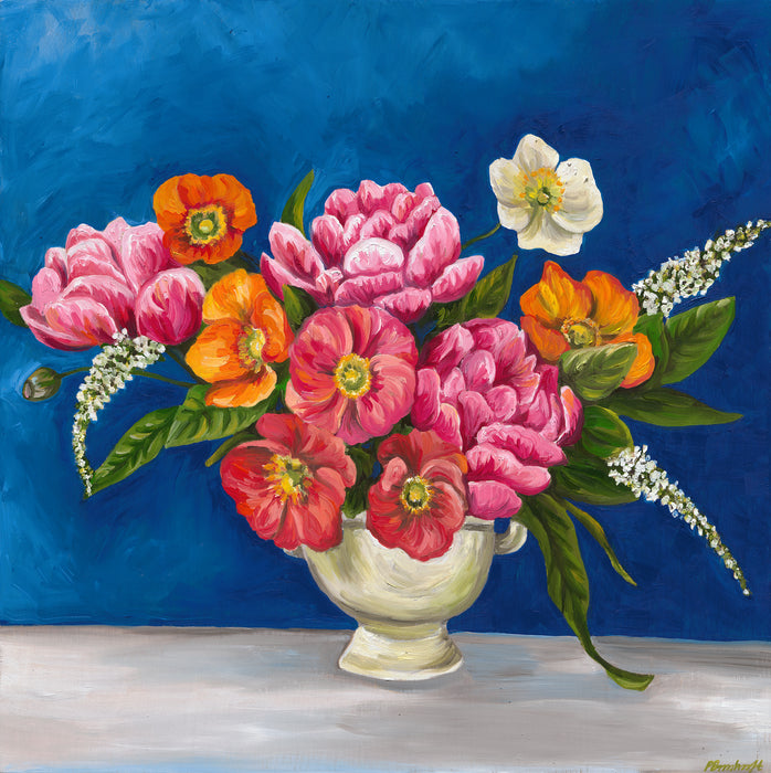 Pink Poppy & Peony Posy in Vase - Blue Background