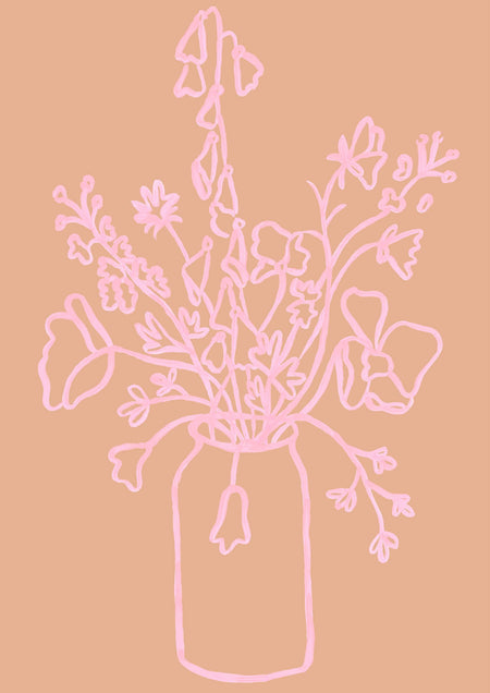 Pastel Pink and Blush Floral Line Drawing Art