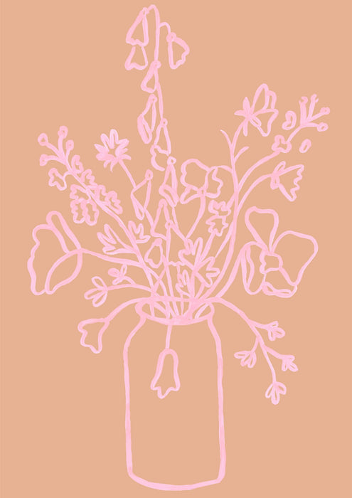Pastel Pink and Blush Floral Line Drawing Art