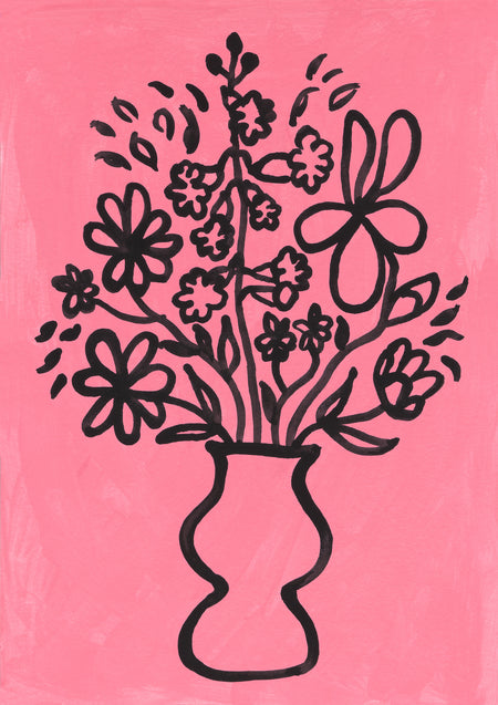 Black on Pink - Floral Line Ink Drawing - Art Poster