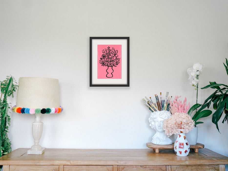 Black on Pink - Floral Line Ink Drawing - Art Poster Hemp Small