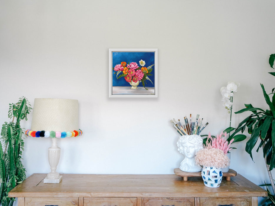 Pink Poppy & Peony Posy in Vase on Blue - Print Canvas Small