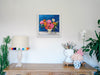 Pink Poppy & Peony Posy in Vase on Blue - Print Canvas Medium