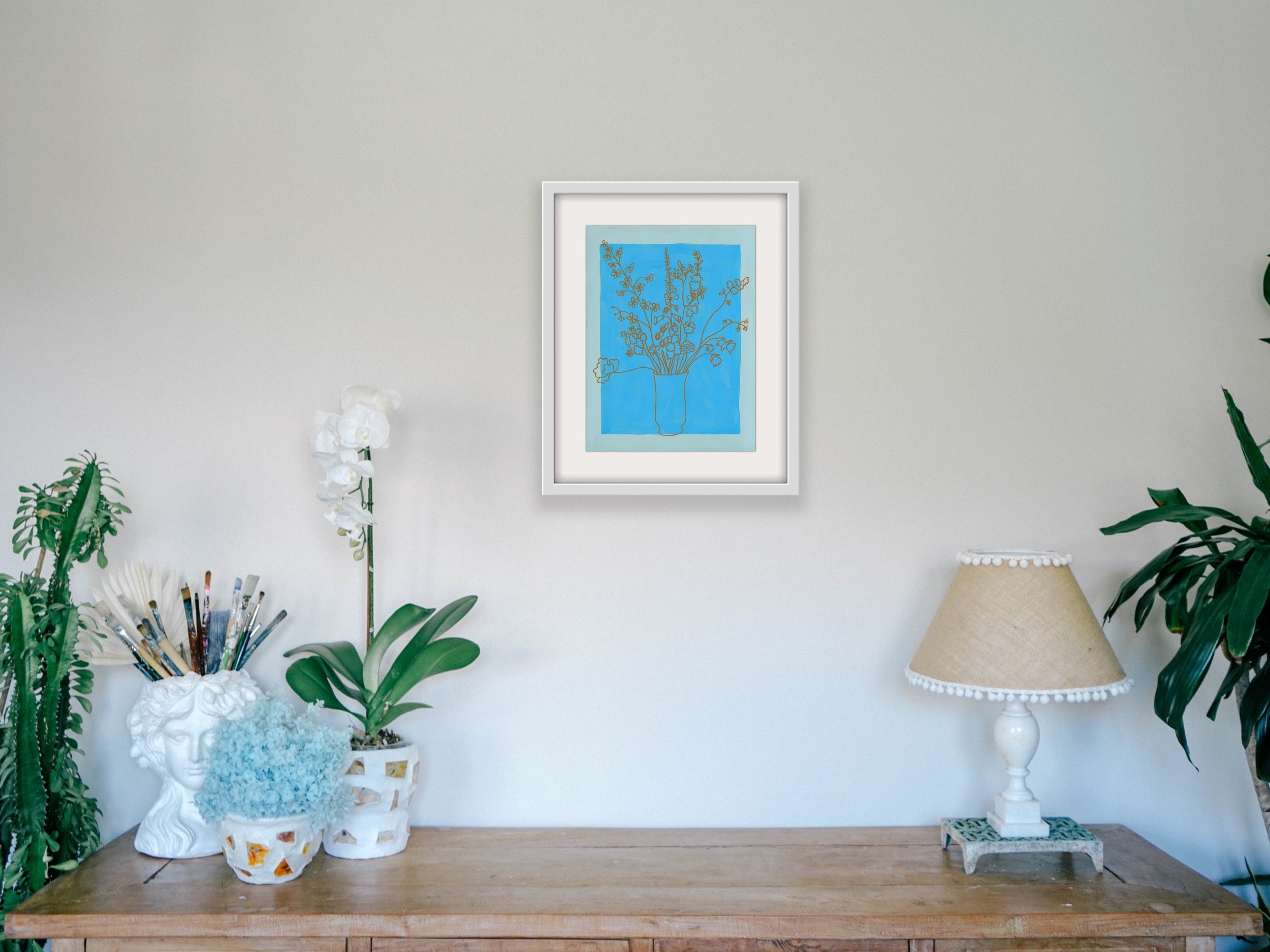 Flores - Blue and Sienna Floral Line Art Print Hemp Small