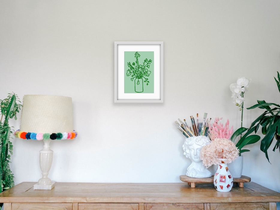 Mint Emerald Green Floral Line Drawing Art Print Hemp Small