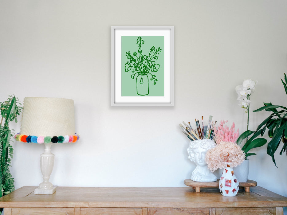 Mint Emerald Green Floral Line Drawing Art Print Hemp Medium