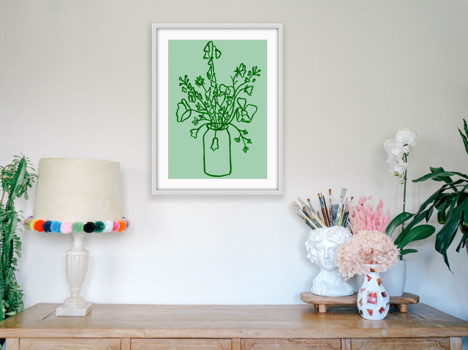 Mint Emerald Green Floral Line Drawing Art Print Hemp Large