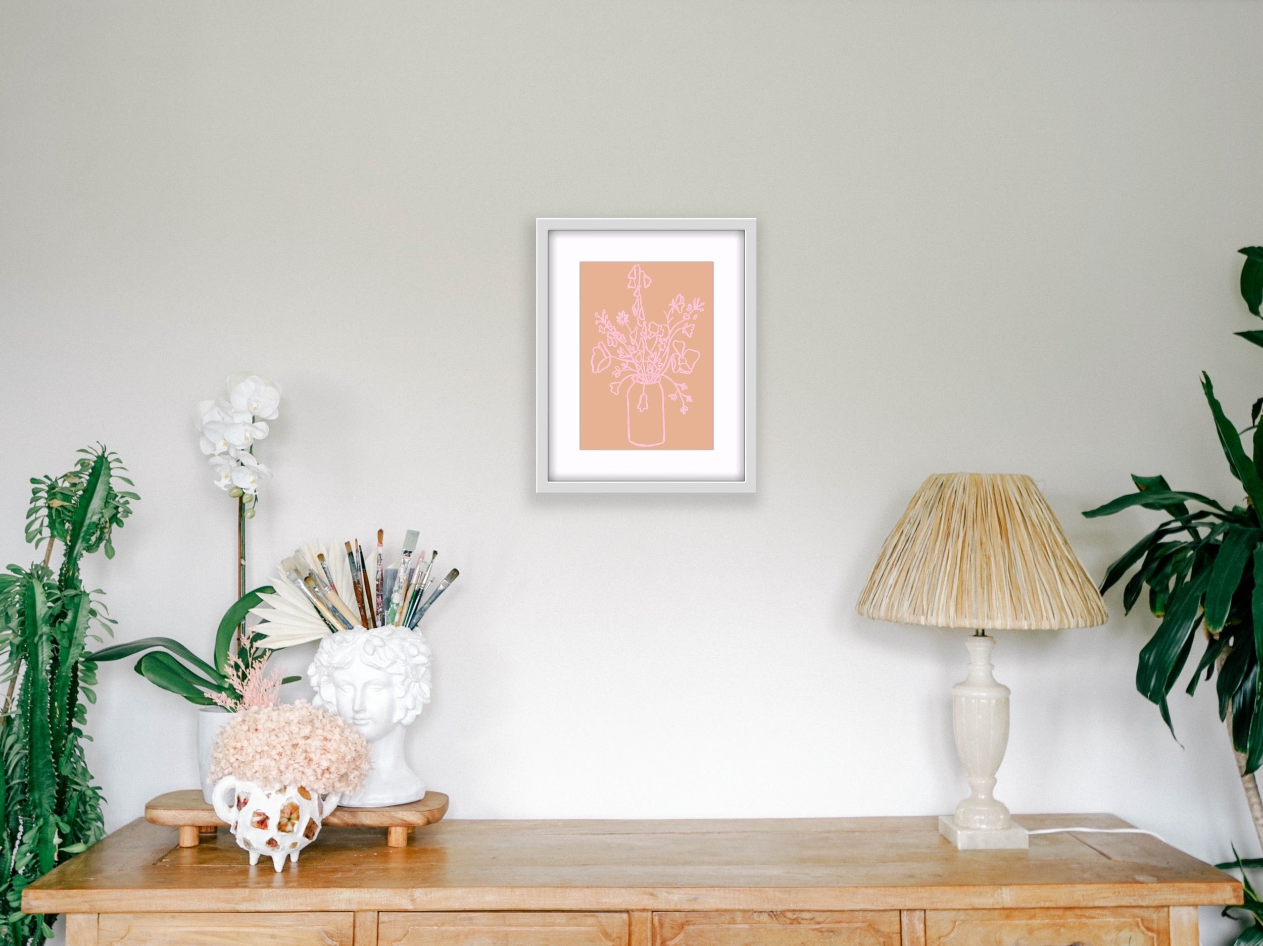 Pastel Pink and Blush Floral Line Drawing Art Print Hemp Small