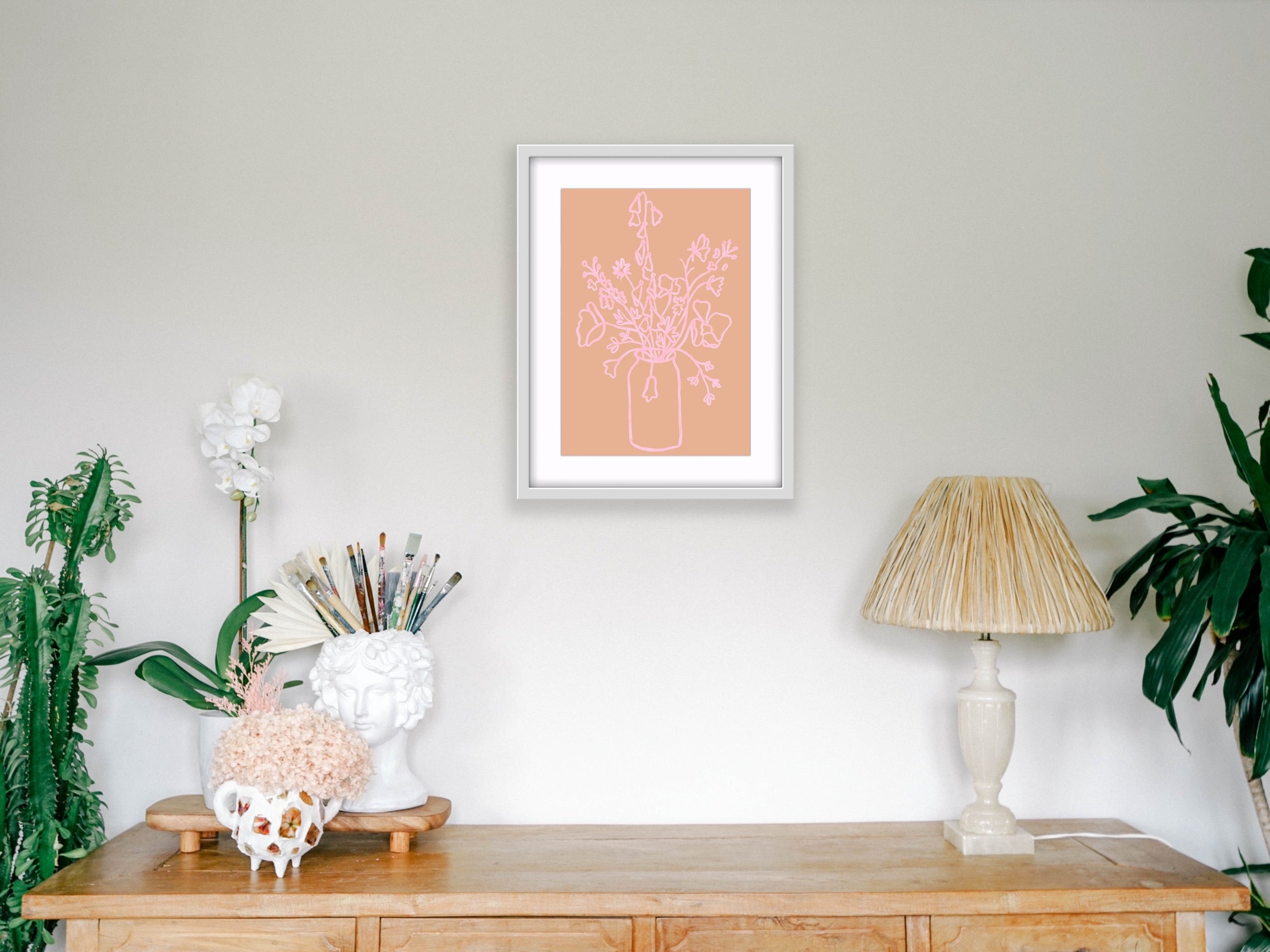 Pastel Pink and Blush Floral Line Drawing Art Print Hemp Medium