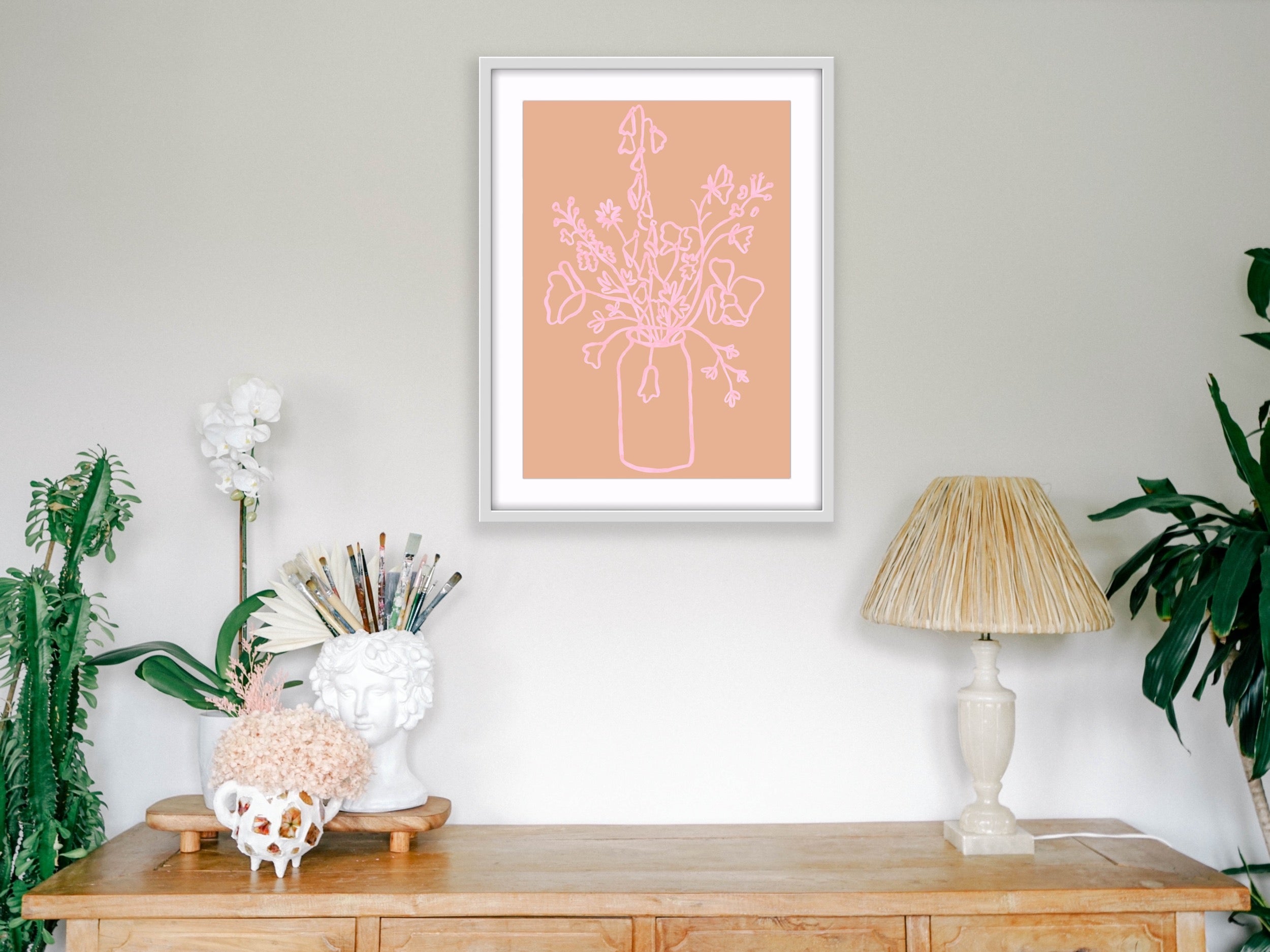 Pastel Pink and Blush Floral Line Drawing Art Print Hemp Large