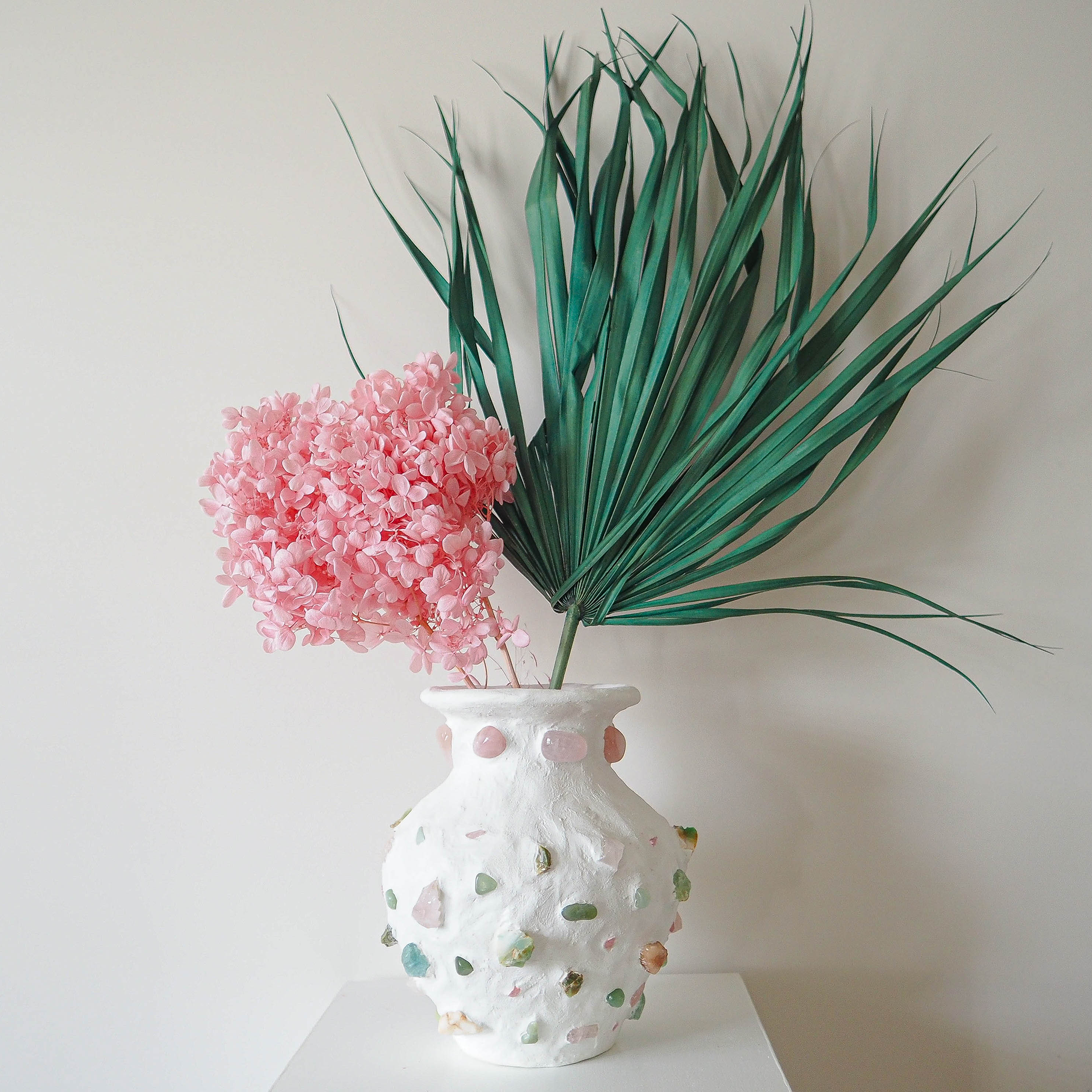 White contemporary mosaic vase with rose quartz - jade - crysoprase crystal stones
