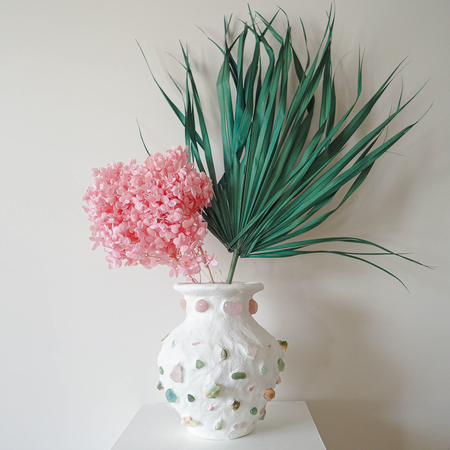 White contemporary mosaic vase with rose quartz - jade - crysoprase crystal stones