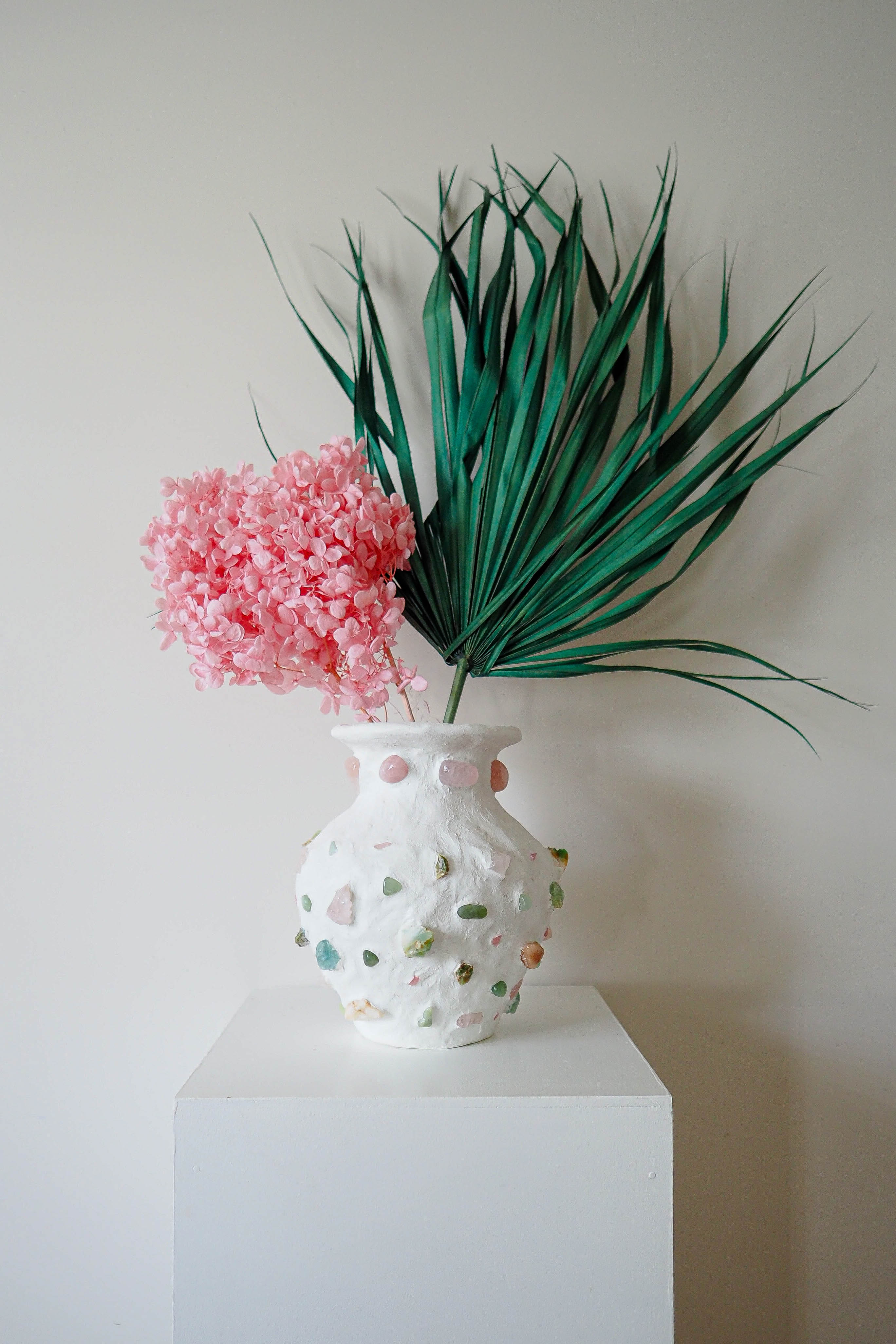 White contemporary mosaic vase with rose quartz - jade - crysoprase crystal stones