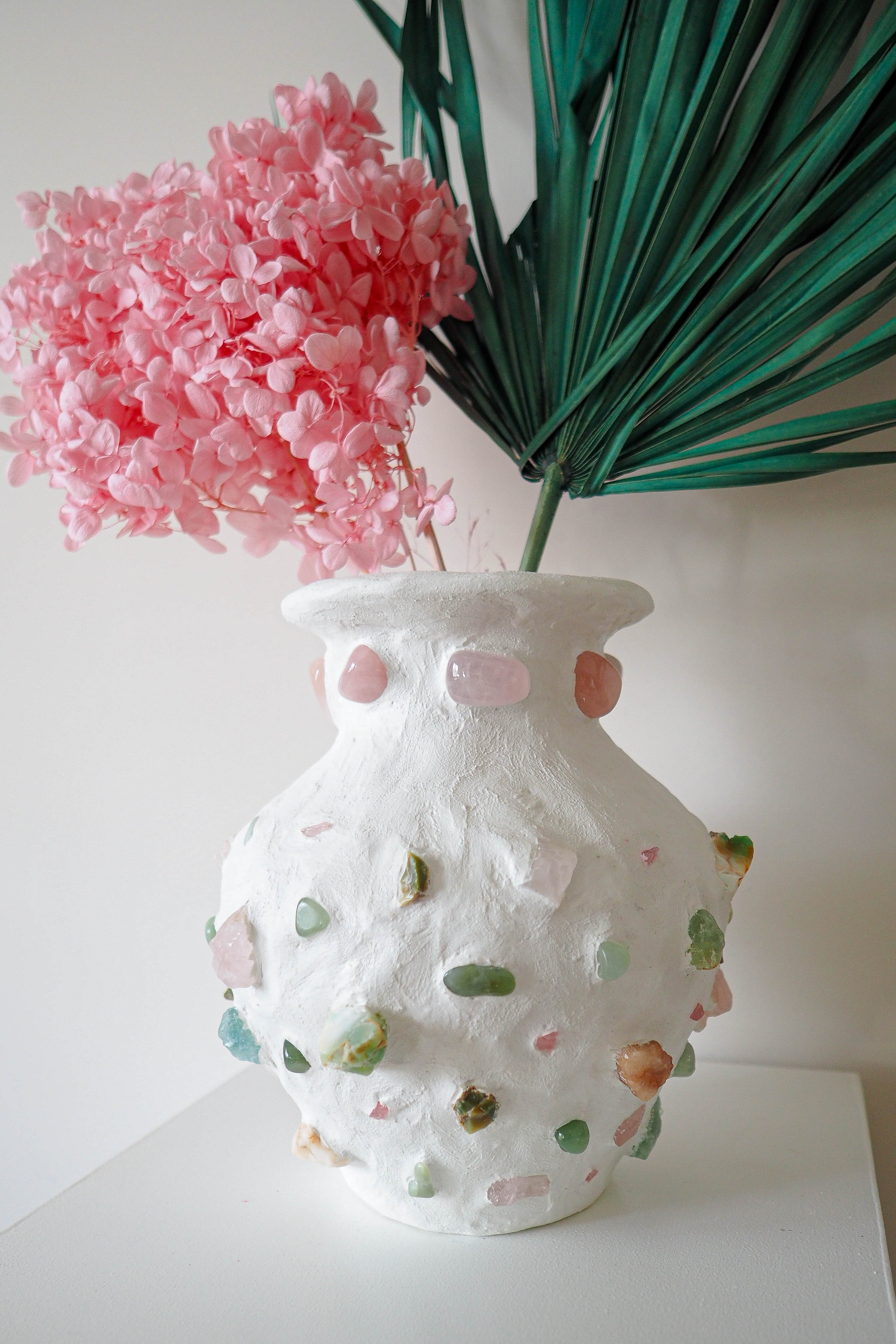 White contemporary mosaic vase with rose quartz - jade - crysoprase crystal stones