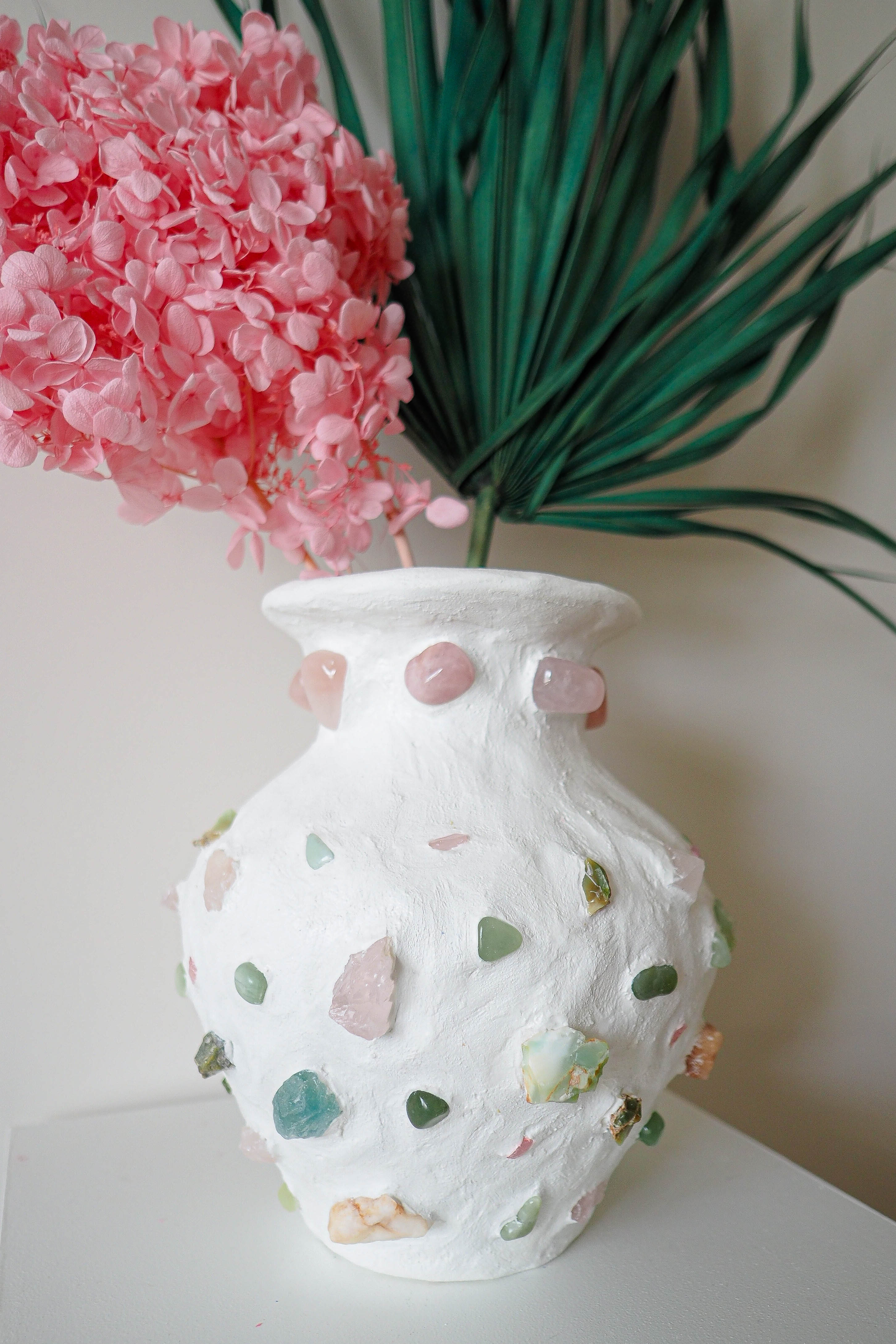 White contemporary mosaic vase with rose quartz - jade - crysoprase crystal stones