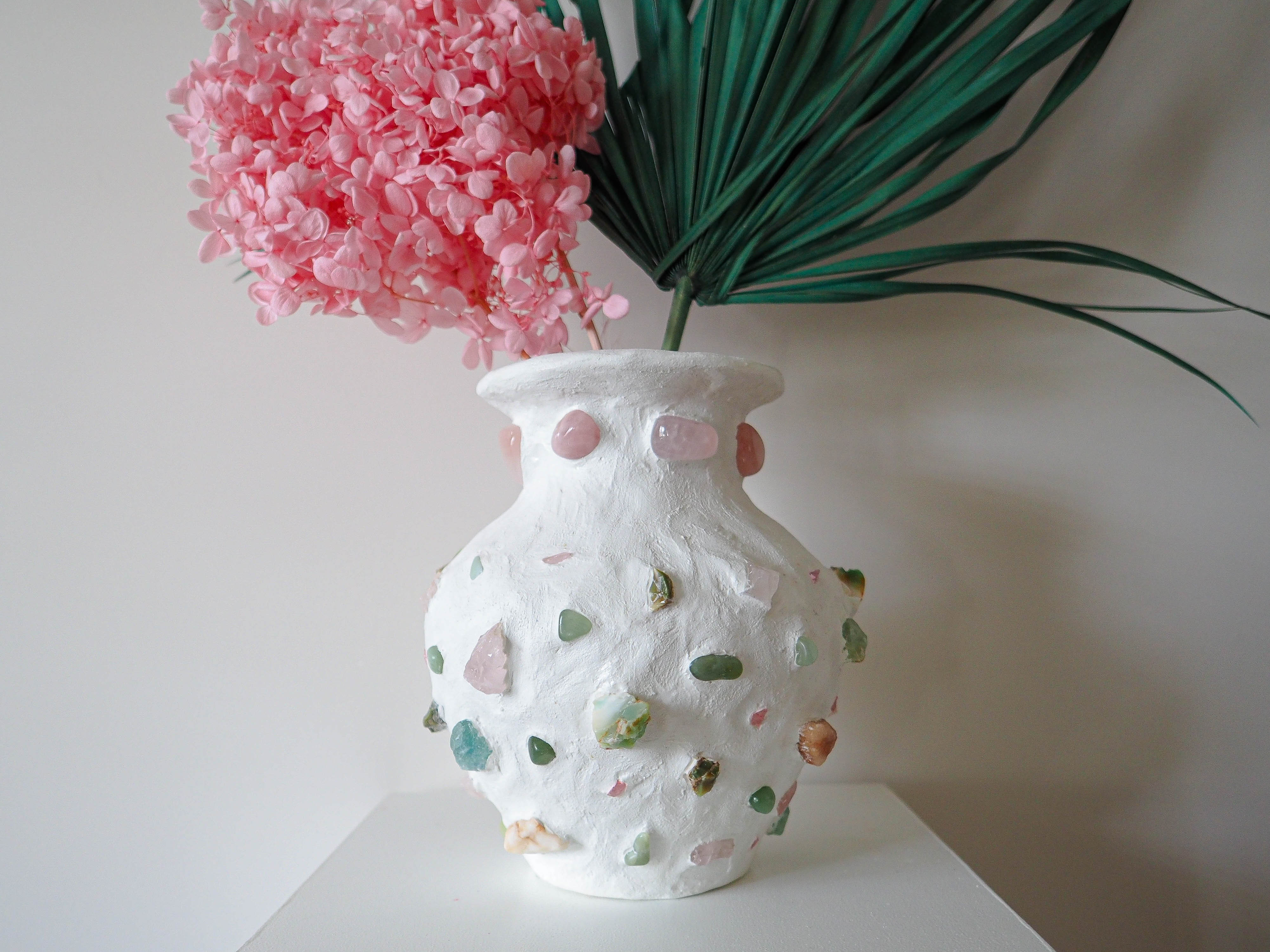 White contemporary mosaic vase with rose quartz - jade - crysoprase crystal stones