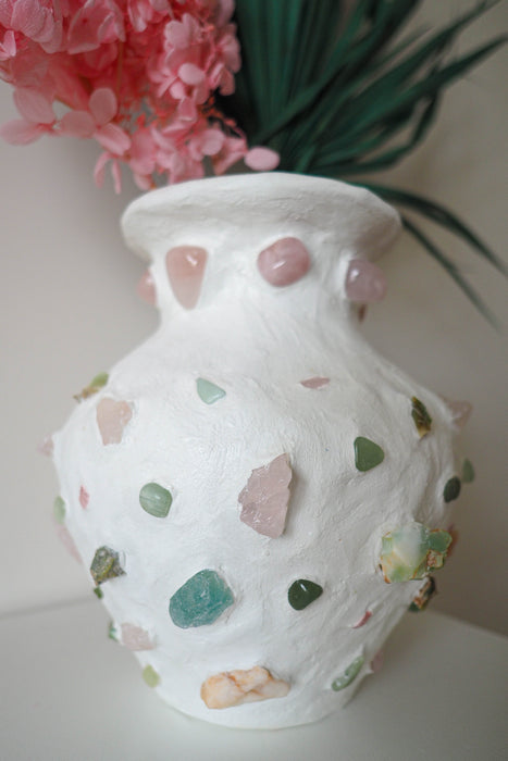 White contemporary mosaic vase with rose quartz - jade - crysoprase crystal stones