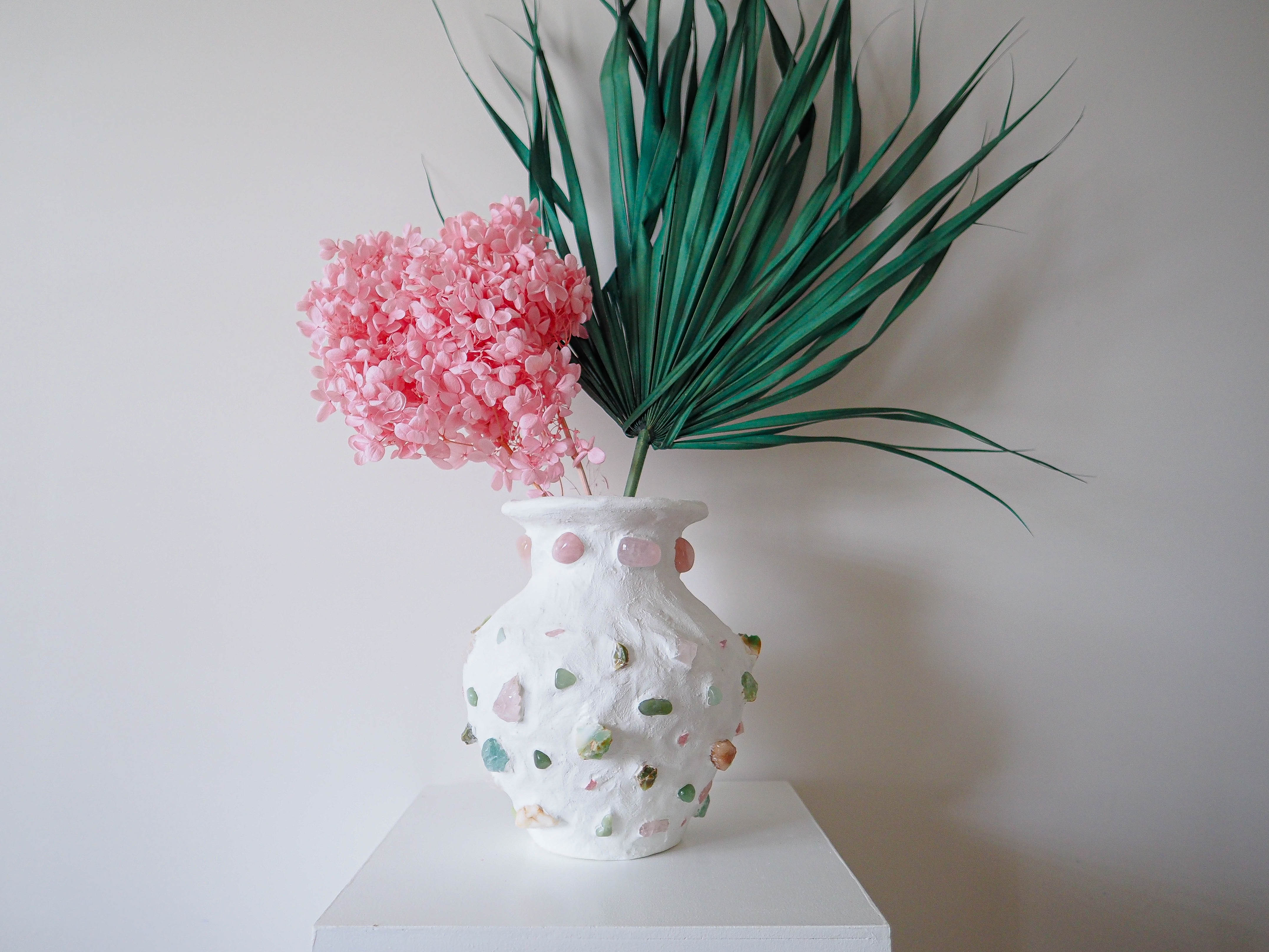 White contemporary mosaic vase with rose quartz - jade - crysoprase crystal stones