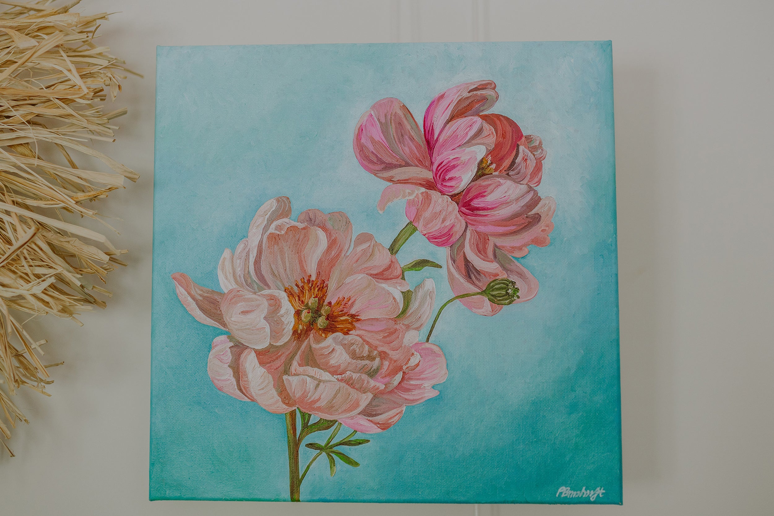 Oil On Canvas - Peonies On Blue Artwork