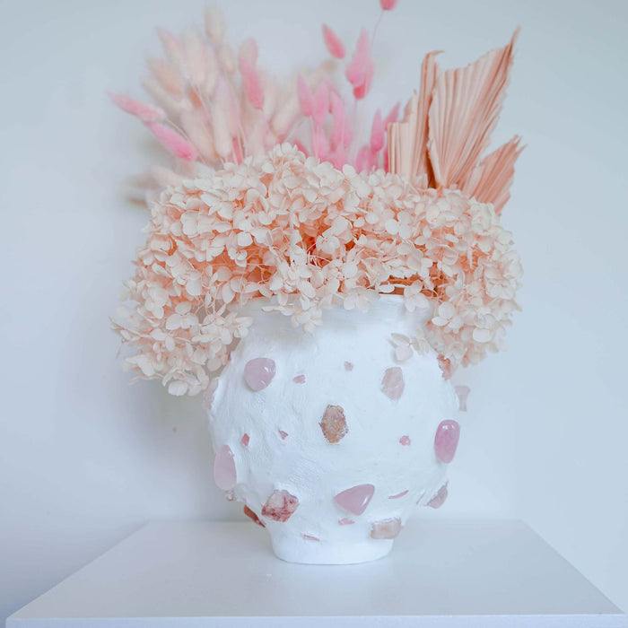 White Mosaic Vase with Rose Quartz Gemstones