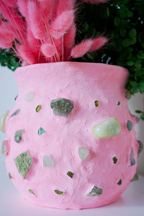 Pink Mosaic Vase with Jade Greenstone Peridot & Chrysoprase
