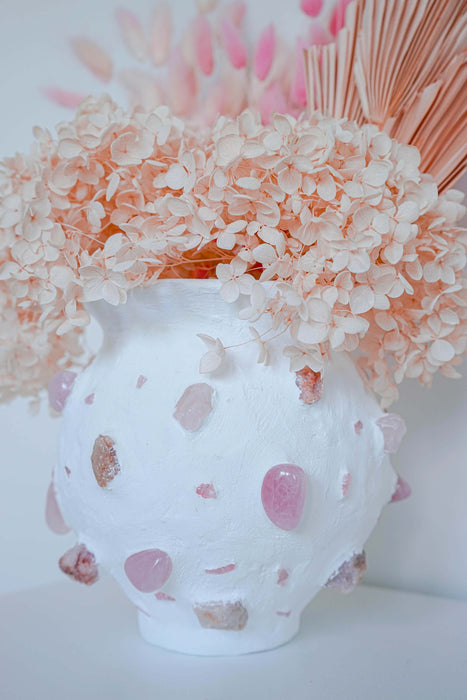 White Mosaic Vase with Rose Quartz Gemstones