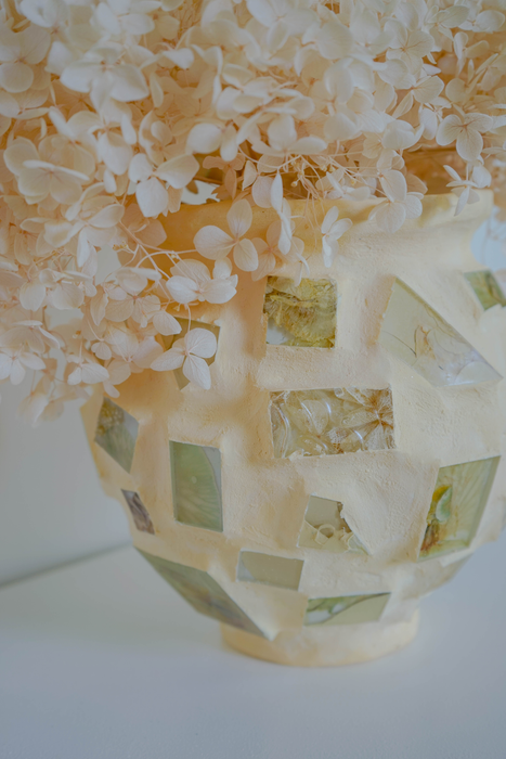 Preserved Orchids and Hydrangeas - Soft Yellow Plaster Vessel - Handmade Floral Tiles