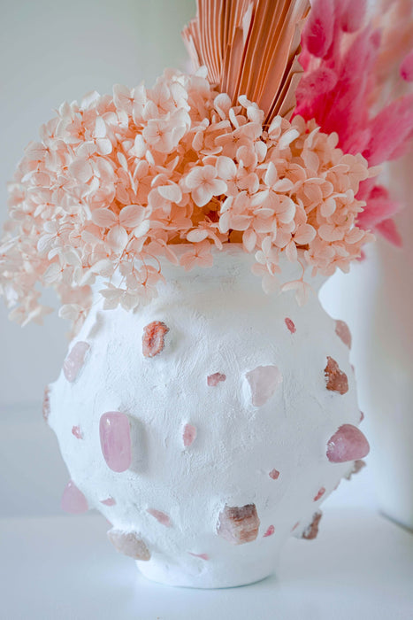 White Mosaic Vase with Rose Quartz Gemstones
