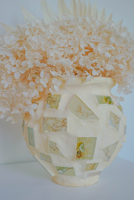Preserved Orchids and Hydrangeas - Soft Yellow Plaster Vessel - Handmade Floral Tiles