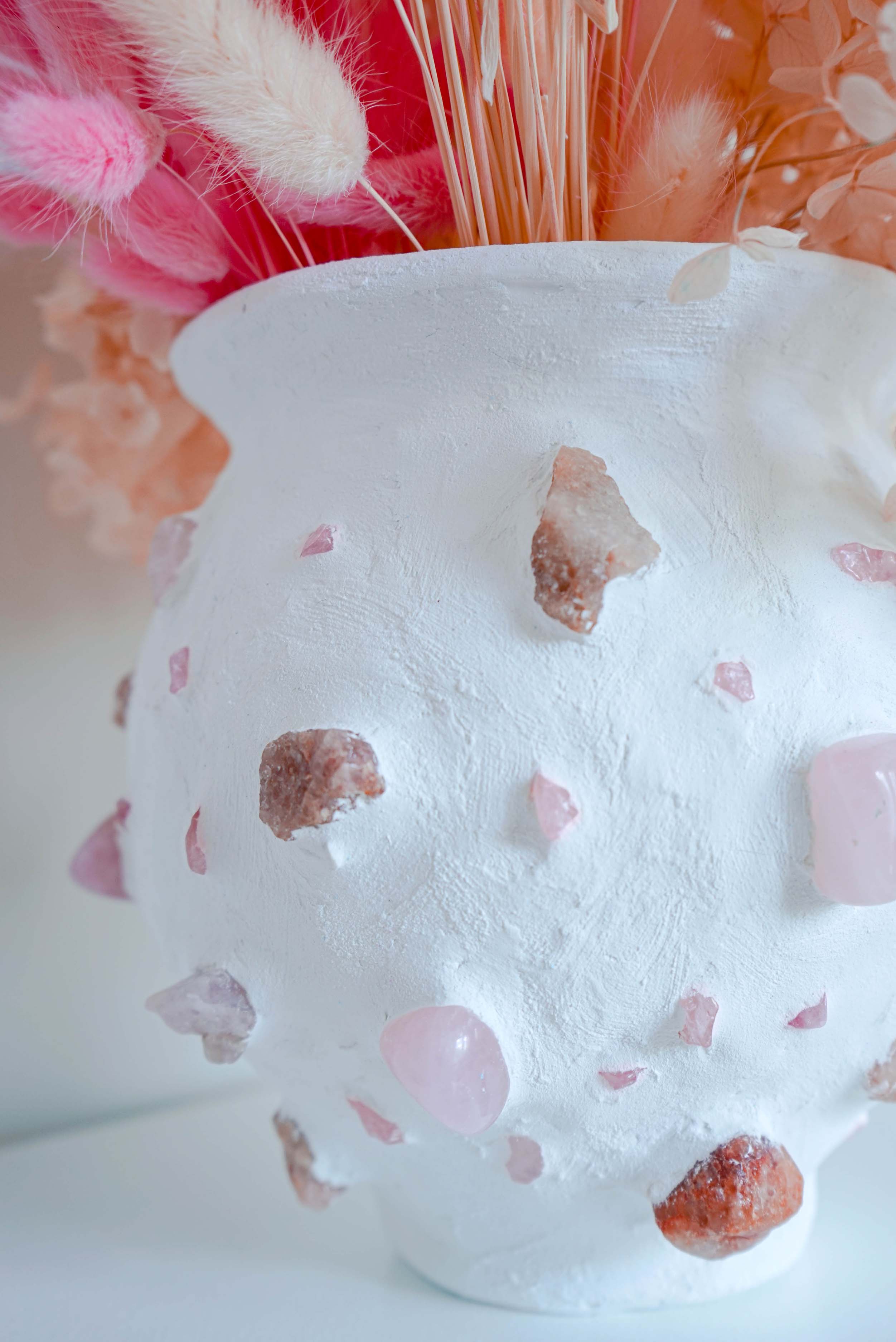 White Mosaic Vase with Rose Quartz Gemstones