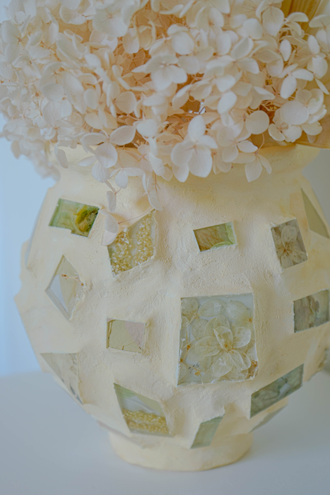 Preserved Orchids and Hydrangeas - Soft Yellow Plaster Vessel - Handmade Floral Tiles