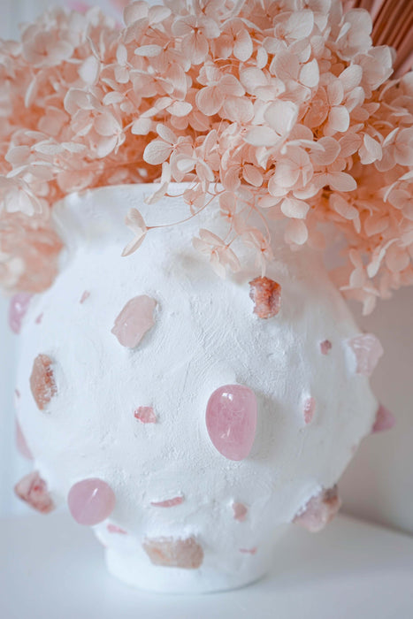 White Mosaic Vase with Rose Quartz Gemstones