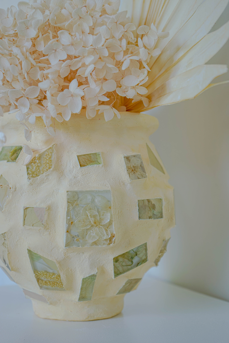 Preserved Orchids and Hydrangeas - Soft Yellow Plaster Vessel - Handmade Floral Tiles
