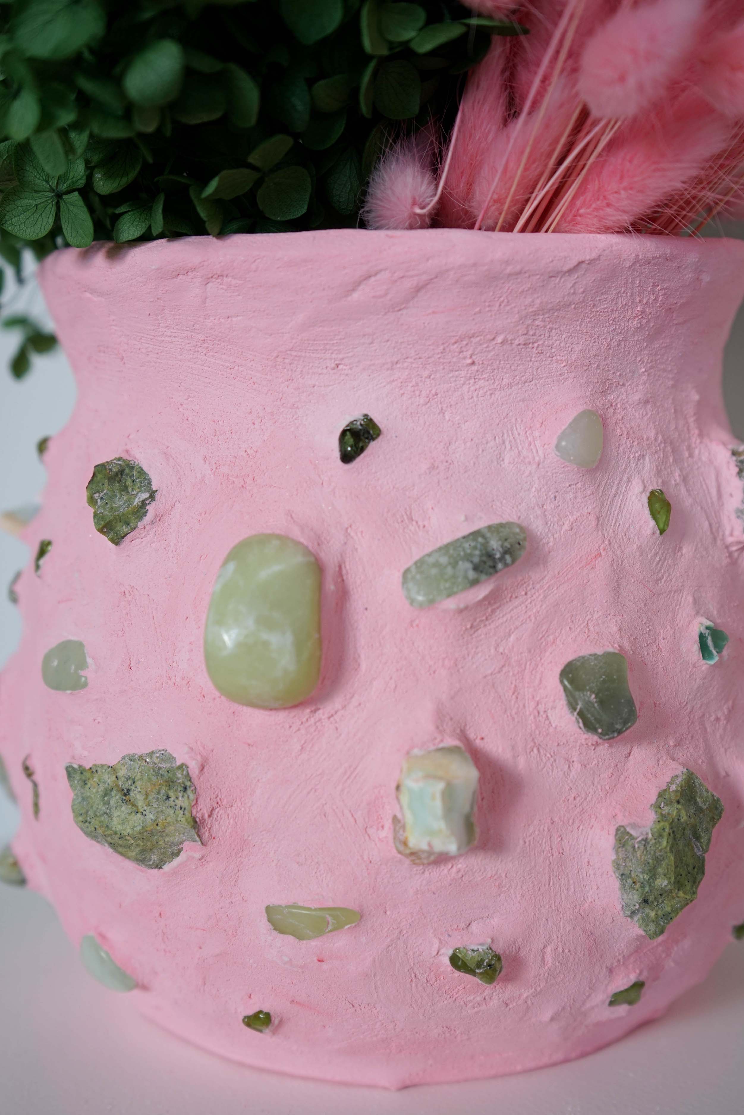 Pink Mosaic Vase with Jade Greenstone Peridot & Chrysoprase