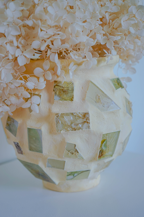 Preserved Orchids and Hydrangeas - Soft Yellow Plaster Vessel - Handmade Floral Tiles