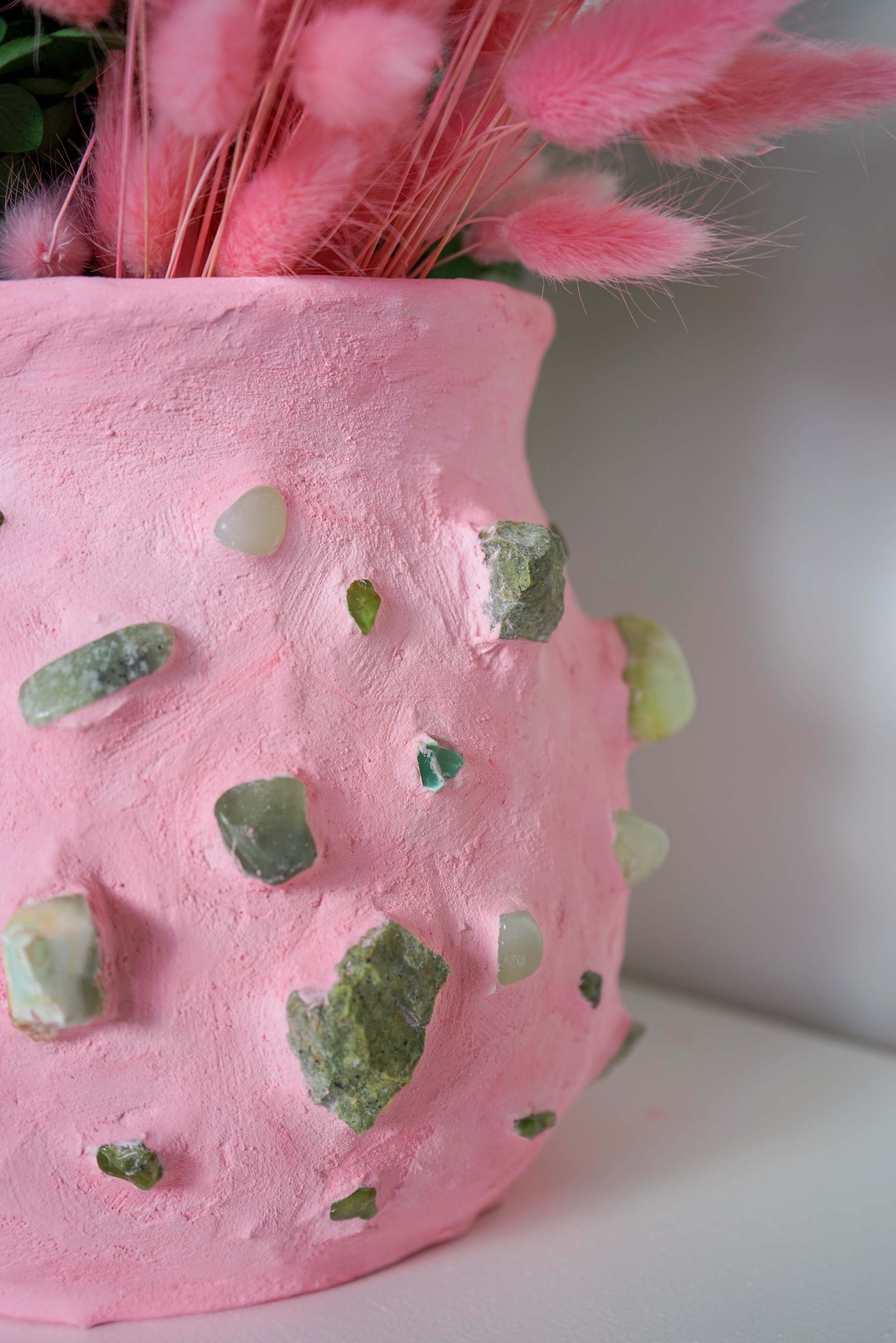 Pink Mosaic Vase with Jade Greenstone Peridot & Chrysoprase